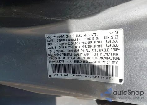 2006 Honda Cr-V Lx from USA, damaged, VIN SHSRD68576U406536